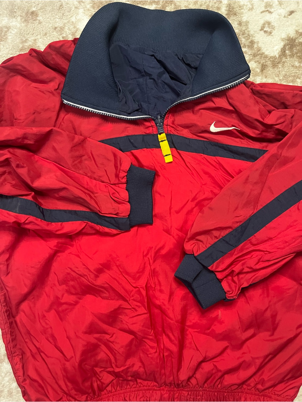 Vintage 90s Nike Reversible Pullover Windbreaker Jacket Red Navy Yellow L Flaw
